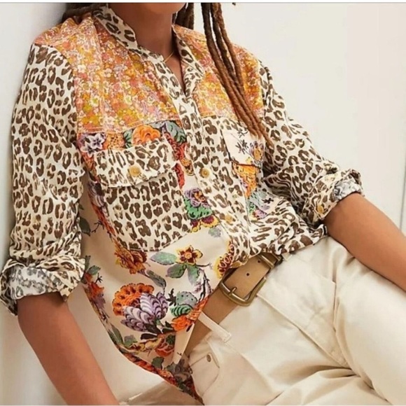 Pilcro Anthropologie Relaxed Button Down Tunic/Shirt Leopard Animal Sz XS - Picture 1 of 10